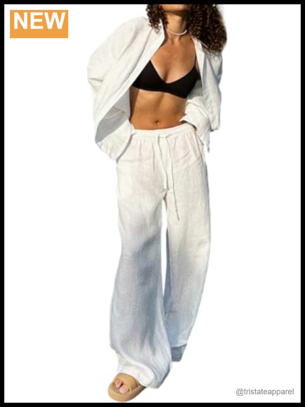 Two Piece Linen Lounge Set Long Sleeve Shirt Wide Leg Pants